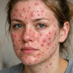 Närbild på en ung kvinna med svåra finnar runt munnen och över hela ansiktet. Huden är röd och inflammerad.
