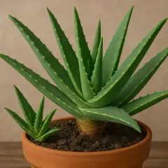 Eine große Aloe Vera Pflanze mit einem kleinen aloe vera ableger daneben in einem Terrakotta-Topf.