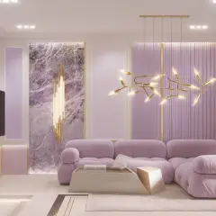 A plush lavender sofa anchors this room, embodying a serene lavender color aesthetic. Marble accents and a striking gold chandelier add a touch of luxury.