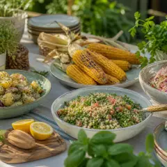 Salade de pommes de terre, taboulé, salade de chou et épis de maïs grillés, un accompagnement barbecue parfait pour un repas ensoleillé.