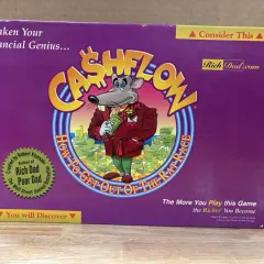 Das Cover des **Cashflow Spiels** zeigt eine Maus in einem Anzug, die Geld hält. Es ist ein Brettspiel, das finanzielle Bildung vermittelt.