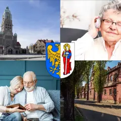 Kolaż: kościół, starsza kobieta w słuchawkach, para seniorów z tabletem, herb, ulica z domami.