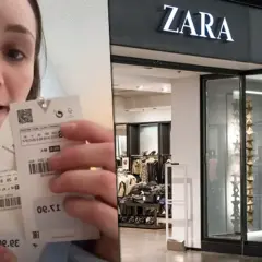Kobieta pokazuje metki ubrań z Zary, gdzie widoczna jest rozmiarówka damska. Sklep Zara w tle.