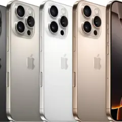 Pięć telefonów iPhone 16 Pro w różnych kolorach: czarny, srebrny, biały, złoty i z przodu wyświetlacz.