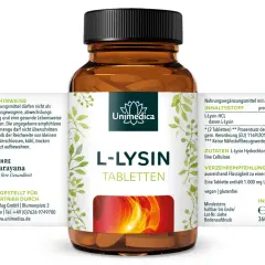 Flasche L-Lysin Tabletten von Unimedica. Die Wirkung von L-Lysin wird hier als Nahrungsergänzungsmittel beworben.
