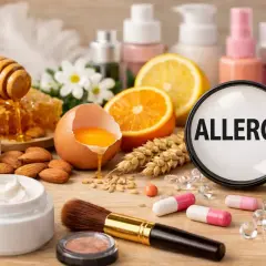 Miód, migdały, jajko, cytrusy i zboża – potencjalne alergeny w kosmetykach. Lupa z napisem "ALLERGY" podkreśla problem.