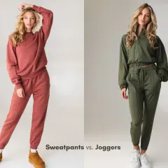 Two women model outfits. The woman on the left wears rust-colored sweatpants and a matching sweatshirt. The woman on the right wears olive green joggers and a matching cropped jacket.