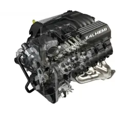 Przekrój silnika 6.4L HEMI z widocznymi elementami wewnętrznymi, takimi jak zawory i układ paliwowy.