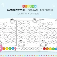 Karty pracy z dodawaniem i kolorowankami dla dzieci, z przykładami matematycznymi w kółkach.