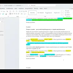Fragment dokumentu tekstowego z zaznaczonymi fragmentami tekstu dotyczącymi norm czasu pracy.
