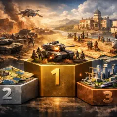 Na podium najlepsze gry strategiczne: czołg na pierwszym miejscu, mapa na drugim, miasto na trzecim.