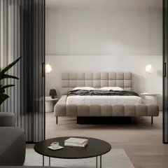 Minimalistyczna sypialnia z tapicerowanym łóżkiem i stolikami nocnymi. Inspiracja, jak umeblować małą sypialnię, by była funkcjonalna i stylowa.