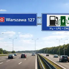 Nowy znak drogowy informuje o stacji paliw z H₂, LPG i CNG. Kierowcy jadący E-20 w stronę Warszawy, 127 km, mają alternatywę.