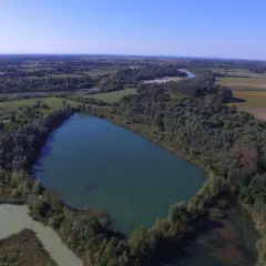 Widok z lotu ptaka na jezioro otoczone lasem, w tle pola i rzeka.