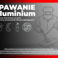 Ilustracja pokazuje, jak spawać aluminium. Widoczny spawacz w masce, palnik, butla z argonem i materiał do spawania.