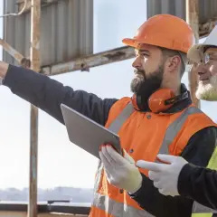 Dwóch budowlańców w kaskach i kamizelkach omawia projekt na wysokości. Praca na wysokości bhp to podstawa bezpieczeństwa.