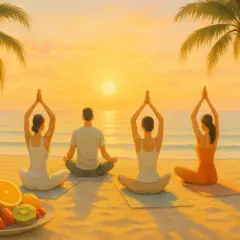 Personas meditando en la playa al atardecer. Un plato de fruta fresca a la izquierda. El mejor clima de España para el asma se encuentra en lugares así.