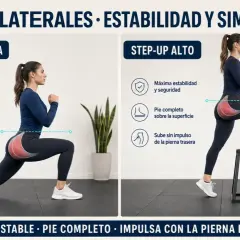 Mujer realizando zancada inversa y step-up alto, ejercicios para el **ejercicio gluteo** con énfasis en estabilidad y simetría.