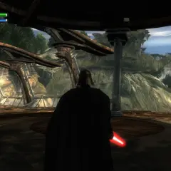 Darth Vader mit rotem Lichtschwert auf einer Plattform, im Hintergrund ein Sternenzerstörer. Das Spiel "The Force Unleashed" auf der Switch.
