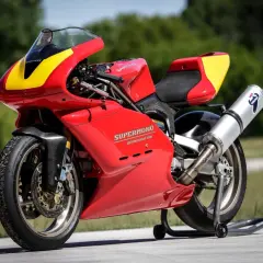 La icónica Ducati Supermono roja y amarilla, una obra maestra de ingeniería, lista para la pista.