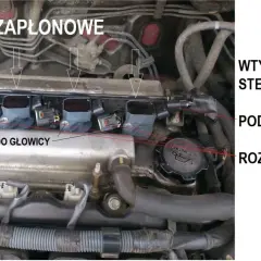 Silnik samochodowy z widocznymi cewkami zapłonowymi i ich elementami.