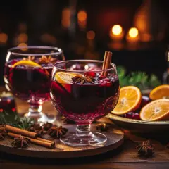 Deux verres de vin chaud, décorés d'orange, d'anis étoilé et de cannelle. Parfait pour une recette de vin chaud réconfortante.