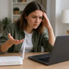 Zmartwiona kobieta patrzy na router i laptopa, zastanawiając się, dlaczego kabel koncentryczny internetu nie działa.