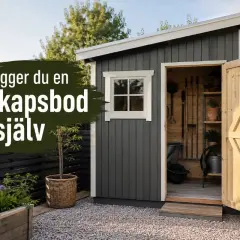 En mörkredskapsbod med öppen dörr, fönster och trädgårdsredskap inuti. Texten "Så bygger du en redskapsbod själv" syns tydligt.