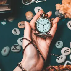 Dłoń trzyma kieszonkowy zegarek, wokół kamienie z runami i symbole astrologiczne. Czas ma wielkie **znaczenie** w 1919 roku, gdy świat się zmienia.