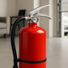Czerwony gaśnica, jeden z podstawowych środków gaśniczych, stoi gotowy do akcji w pobliżu otwartej bramy garażowej.