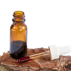 Frasco ámbar con extracto oscuro y gotero. Se exploran las **pycnogenol propiedades** en este líquido, sugerente de bienestar natural.
