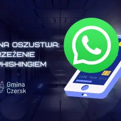 Uwaga na oszustwa! Ostrzeżenie przed phishingiem i loterie SMS oszustwo. Ikona WhatsApp i karta płatnicza na tle futurystycznej hali.