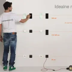 Mężczyzna pokazuje na ścianie, na jakiej wysokości gniazdka powinny być montowane: 150 cm dla informacji, 110-120 cm dla sterowania, 30 cm dla zasilania.