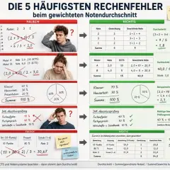 Fünf häufige Fehler beim gewichteten Notendurchschnitt: Gewichte vergessen, ECTS ignorieren, falsche Prozentgewichtung, vertauschte Gewichte und das Mischen verschiedener Notensysteme.