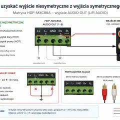 Schemat połączenia niesymetrycznego audio: sygnał lewy (L+) i prawy (R+) podłączone do wejścia RCA, masa (GND) również. Wyjścia L- i R- pozostają niepodłączone.