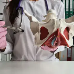 Modèle anatomique du périnée femme, tenu par une main gantée rose, avec un stylo.