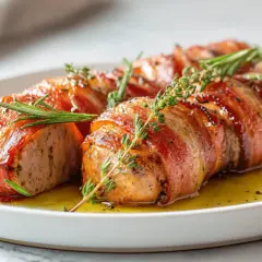 Saftiges Schweinefilet im Speckmantel, goldbraun gebraten, mit Rosmarin und Thymian garniert, serviert in einer leichten Sauce.