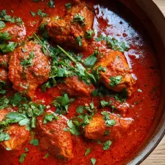 En gryta med saftig tandoori kyckling i en krämig, röd sås, toppad med färsk koriander. Perfekt för ett gott tandoori kyckling recept.