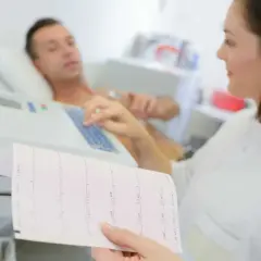 Pielęgniarka analizuje zapis EKG, który pokazuje, jakie są badania serca. Pacjent leży podłączony do aparatury.