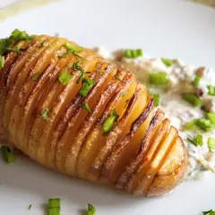 Ziemniaki z grilla, nacięte i posypane szczypiorkiem, podane z kremowym sosem.