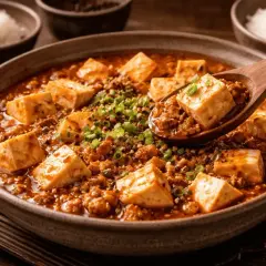 En sked lyfter upp en bit mapo tofu ur en skål med kryddig gryta, toppad med salladslök.