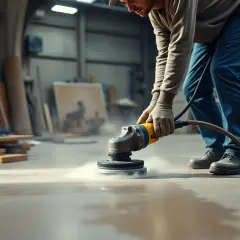 Mann schleift mit einer Maschine den Estrich. Staub wirbelt auf, während die Arbeit voranschreitet.