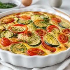Quiche sans pâte aux courgettes et tomates cerises, dorée et appétissante, garnie d'herbes fraîches. Un délice léger et savoureux.