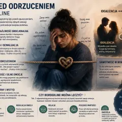 Kobieta z sercem z liny, symbolizująca lęk przed odrzuceniem w borderline. Obraz opisuje trudności w relacjach, idealizację i dewaluację partnera, impulsywność i samotność.