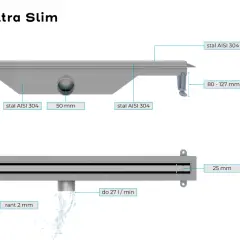 Odpływ liniowy Ultra Slim ze stali nierdzewnej AISI 304, z regulacją wysokości 80-127 mm, dostępny w kolorze stalowym i czarnym.