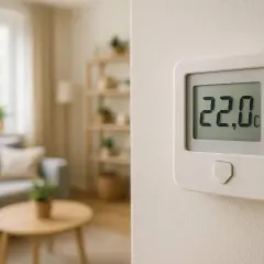 Termostat pokazuje 22°C, idealną, optymalną temperaturę w domu.