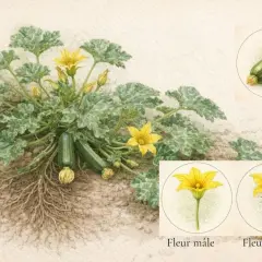 Plante de courgette avec fruits, racines, fleur mâle et fleur femelle.