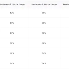 Tableau comparatif des labels 80 PLUS (Bronze à Titanium) et leur rendement alimentation PC à différentes charges.