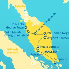 Mapa pokazuje, gdzie leży Malezja, z zaznaczonymi miastami jak Kuala Lumpur, Penang, oraz sąsiednimi Tajlandią i Indonezją.
