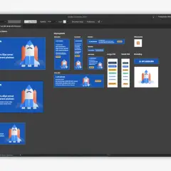 Illustrator workspace showing various banner ad templates with rocket illustrations, demonstrating how to create a font in Illustrator for ad copy.